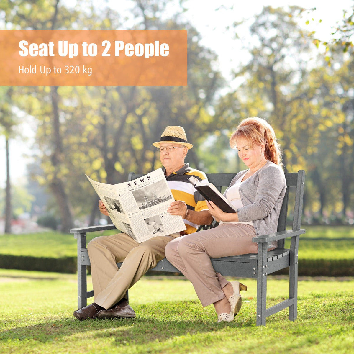 LIVSK Tuinbank HDPE - Weerbestendig - Ergonomische Rugleuning - Draagvermogen 320 kg - Voor 2 Personen - Grijs