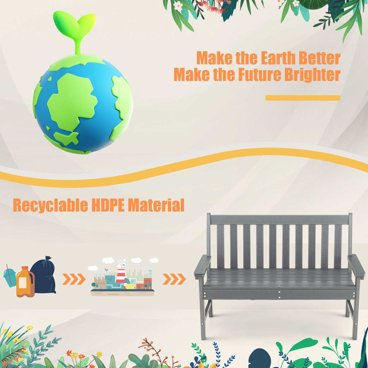 LIVSK Tuinbank HDPE - Weerbestendig - Ergonomische Rugleuning - Draagvermogen 320 kg - Voor 2 Personen - Grijs