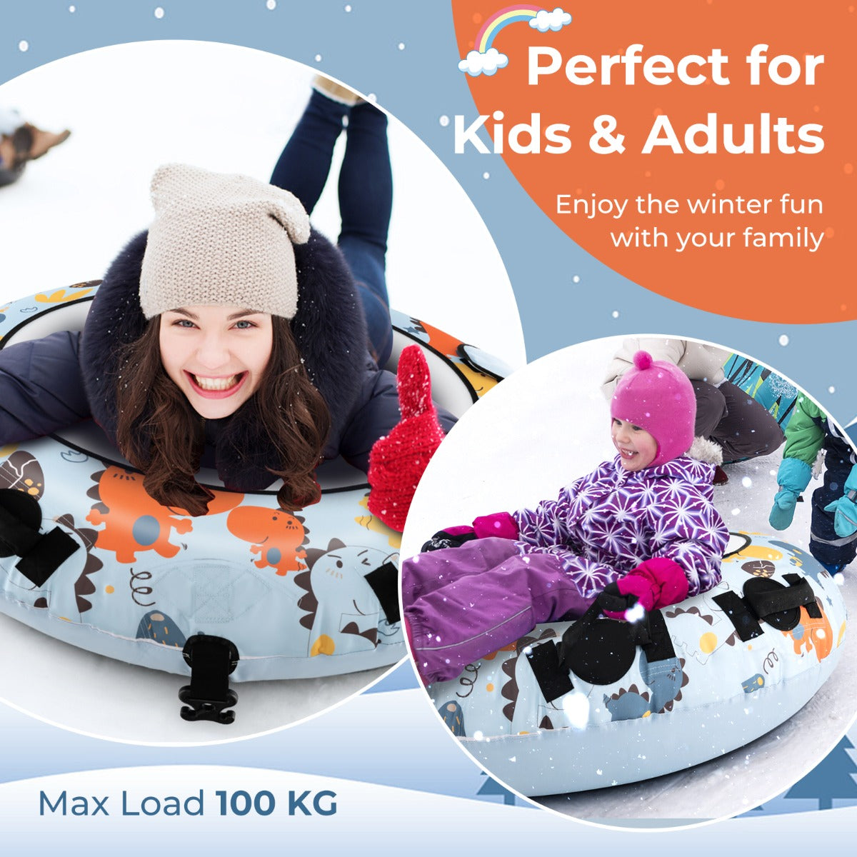 LIVSK Opblaasbare Sneeuwboei - Diepe Zitting - 4 Handgrepen - Scheurvast PVC - Koudebestendig tot -25 ℃ - Wit + Blauw