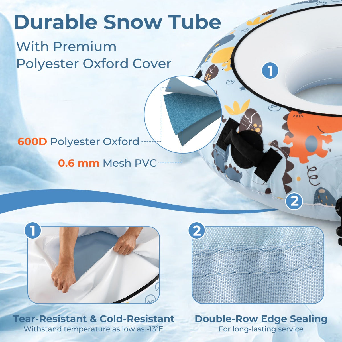 LIVSK Opblaasbare Sneeuwboei - Diepe Zitting - 4 Handgrepen - Scheurvast PVC - Koudebestendig tot -25 ℃ - Wit + Blauw