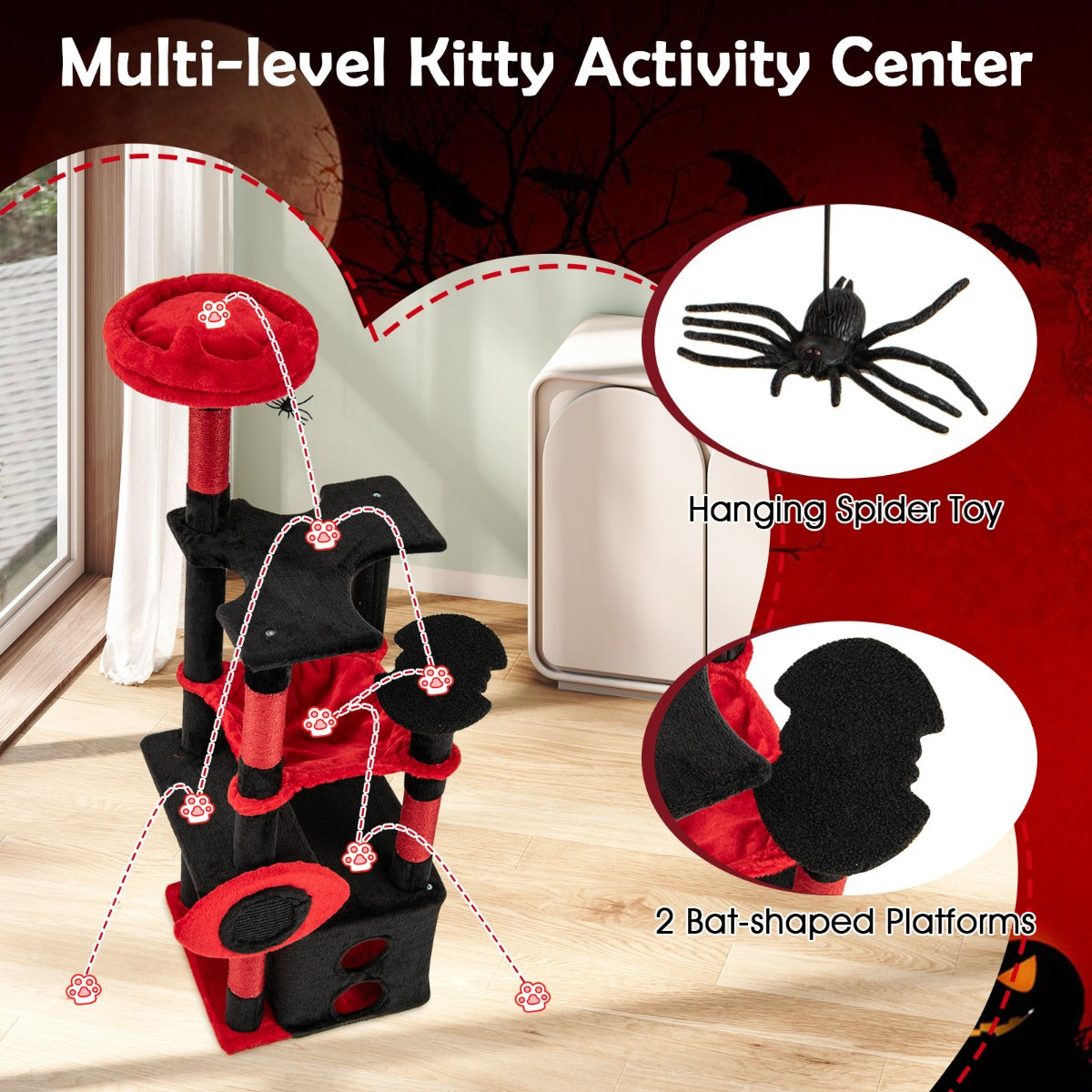 LIVSK Gotische Kattentoren - Mysterieuze Charme - Meerdere Rustplaatsen - Optimale Krasoplossing - Totale Hoogte 133 cm - Zwart