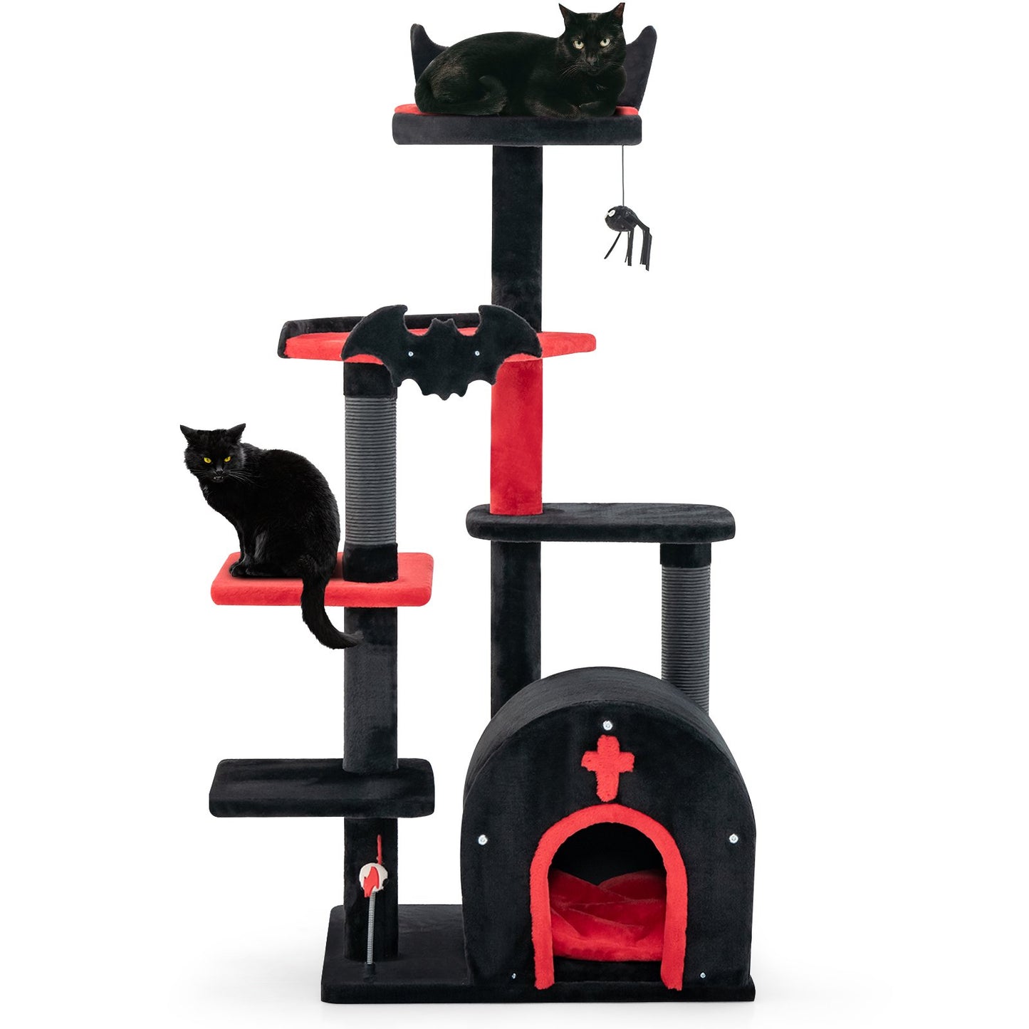 LIVSK Gotische Krabpaal - 6 Verdiepingen - Met Kattenhuis en Speelgoed - Comfortabel en Elegant - 58 x 48 x 134 cm - Rood + Zwart