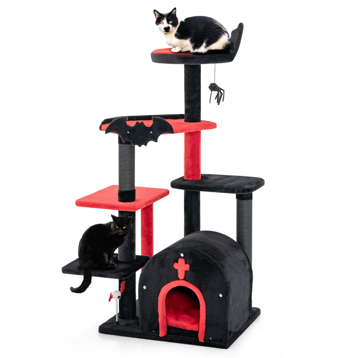 LIVSK Gotische Krabpaal - 6 Verdiepingen - Met Kattenhuis en Speelgoed - Comfortabel en Elegant - 58 x 48 x 134 cm - Rood + Zwart