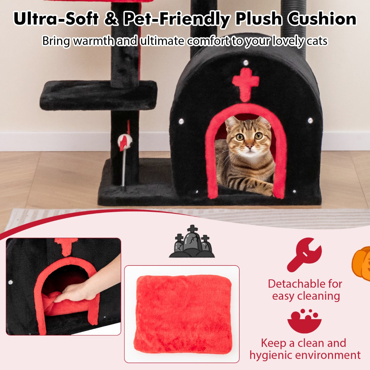 LIVSK Gotische Krabpaal - 6 Verdiepingen - Met Kattenhuis en Speelgoed - Comfortabel en Elegant - 58 x 48 x 134 cm - Rood + Zwart