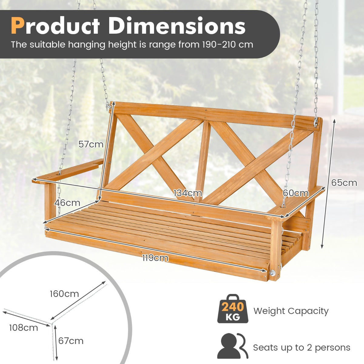 LIVSK Portiekschommel voor 2 Personen - Duurzaam Grenenhout - Waterbestendig - 240 kg - Ergonomisch Design - Natuurlijk
