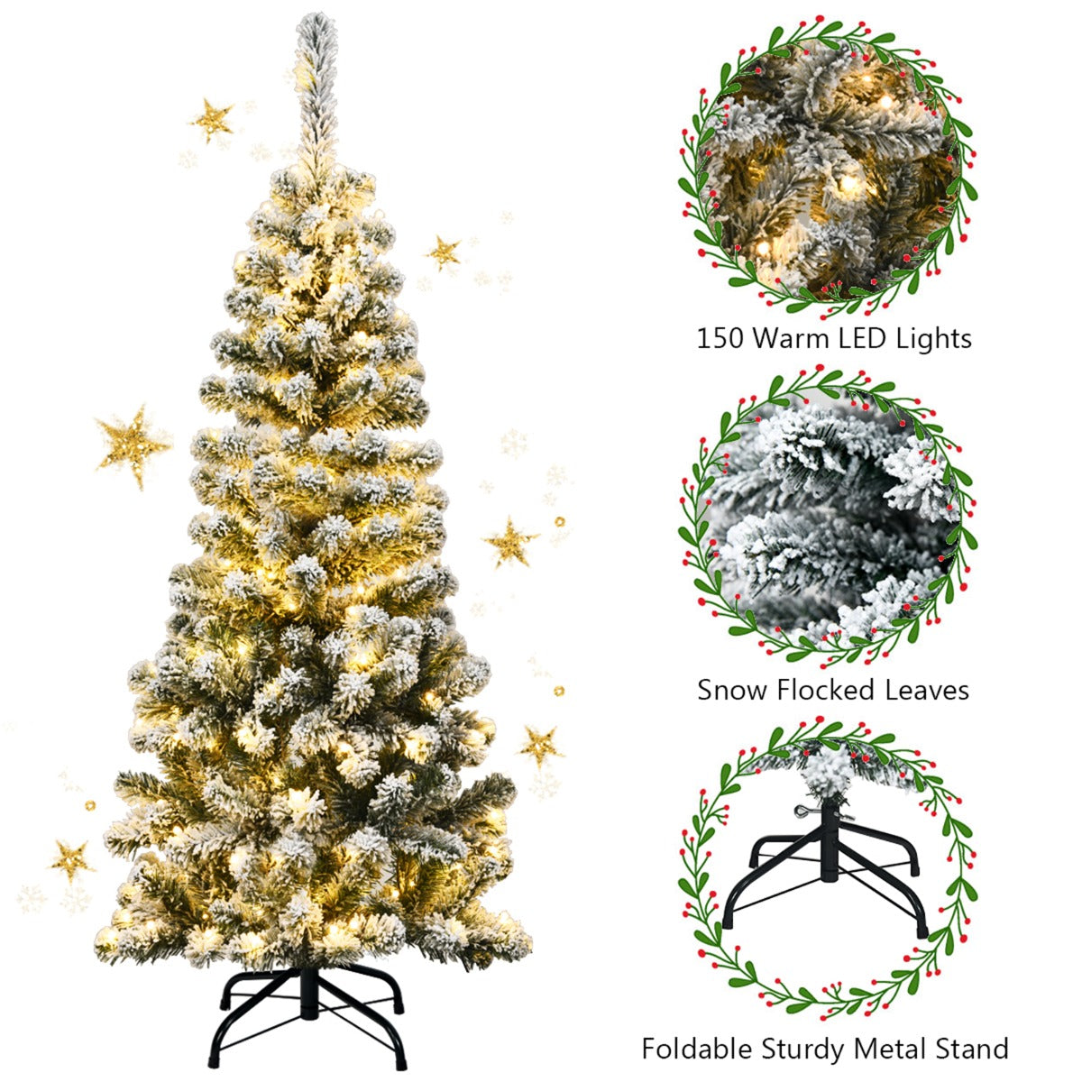 LIVSK Snowy Pencil Kunstkerstboom - 242 Takken met Besneeuwde Naalden - 150 Warme LED-lampjes - 135 cm - Groen