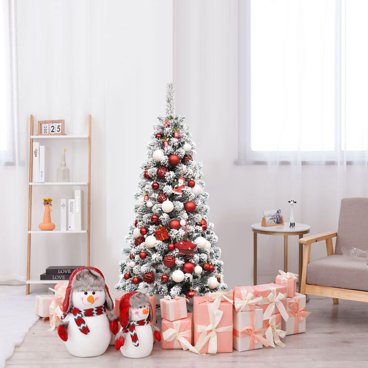 LIVSK Snowy Pencil Kunstkerstboom - 242 Takken met Besneeuwde Naalden - 150 Warme LED-lampjes - 135 cm - Groen
