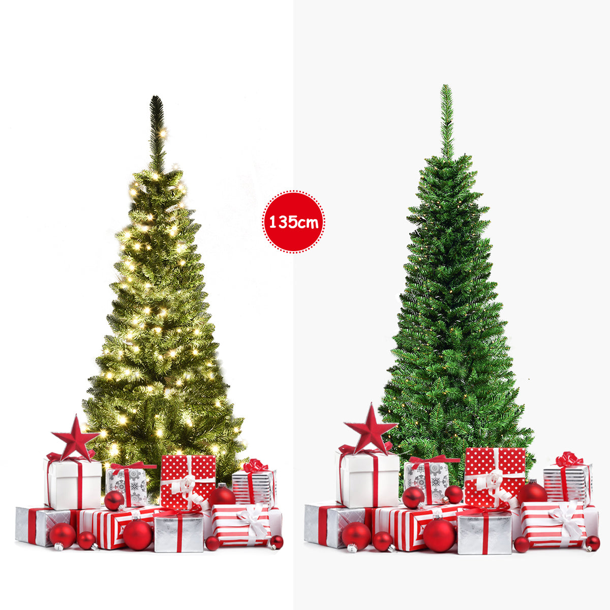 LIVSK Kunstkerstboom 135 cm - 150 Warmwitte LED-lampjes - Realistische PVC-naalden - Stevige metalen standaard - Groen