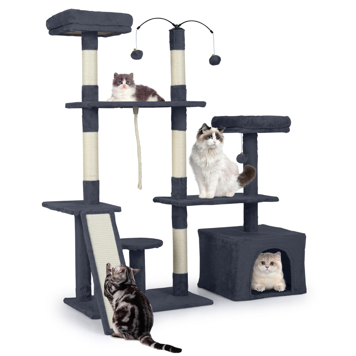 Livsk costway 136 cm hoge krabpaal met speelhuisje voor kittens met meerdere niveaus donkergrijs