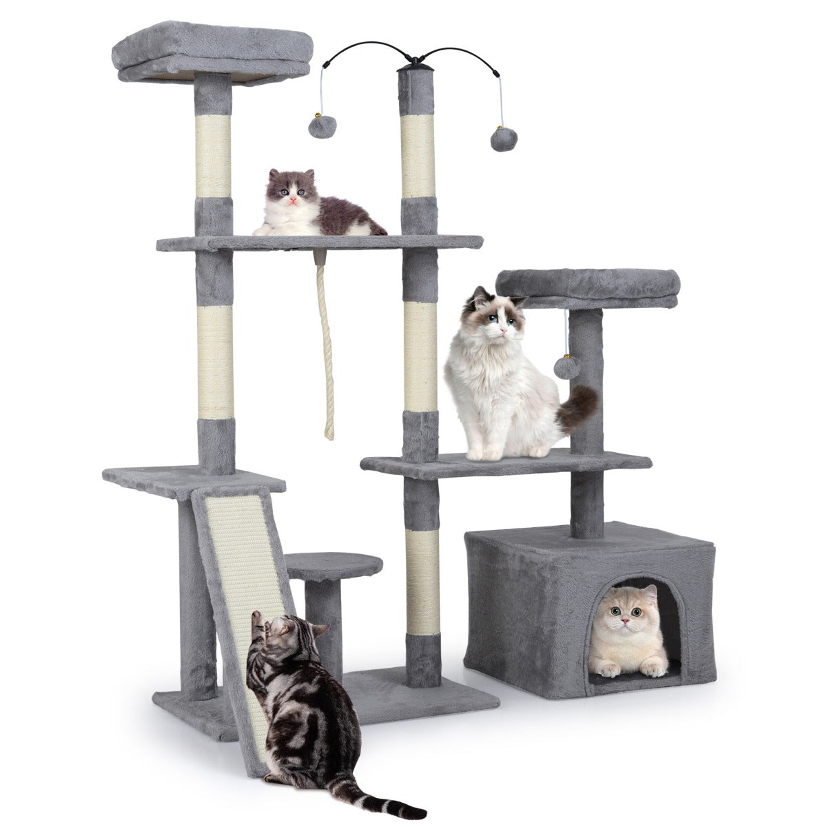 Livsk costway 136 cm hoge krabpaal met speelhuisje voor kittens met meerdere niveaus lichtgrijs