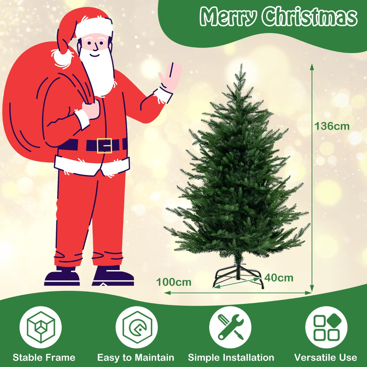 LIVSK Kunstkerstboom 136 cm - 386 takpunten - 180 warmwitte LED-lampjes - 8 verlichtingsmodi - Brandveilig - Groen