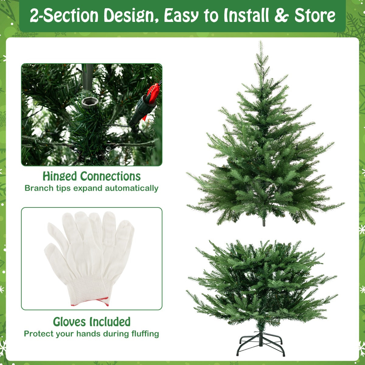 LIVSK Kunstkerstboom 136 cm - 386 takpunten - 180 warmwitte LED-lampjes - 8 verlichtingsmodi - Brandveilig - Groen