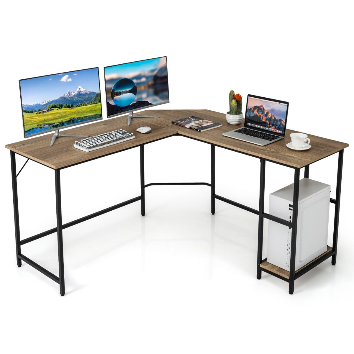LIVSK L-vormig Computerbureau - Ruim Tafelblad 138 x 50 cm - Verstelbare Voetkussens - Stevig Metaal - Tot 160 kg - Natuur