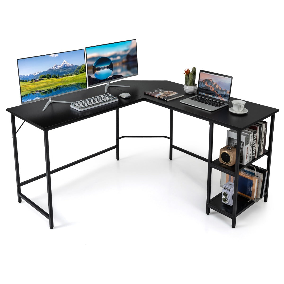 LIVSK L-vormig Computerbureau voor Thuiskantoor - Ruim Tafelblad 138 x 50 cm - Stevig Metaal en Hout - Tot 160 kg - Zwart