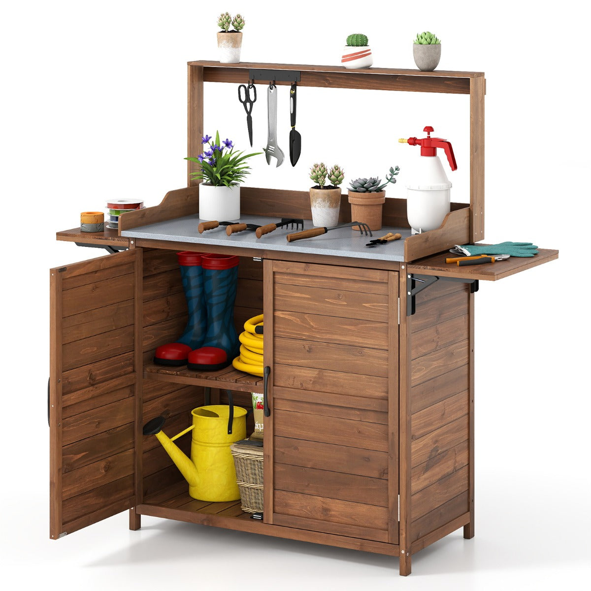 Livsk costway 138x47x128cm houten plantenbank tuintafel met gegalvaniseerd werkblad en onderkast tuinbouwwerkbank