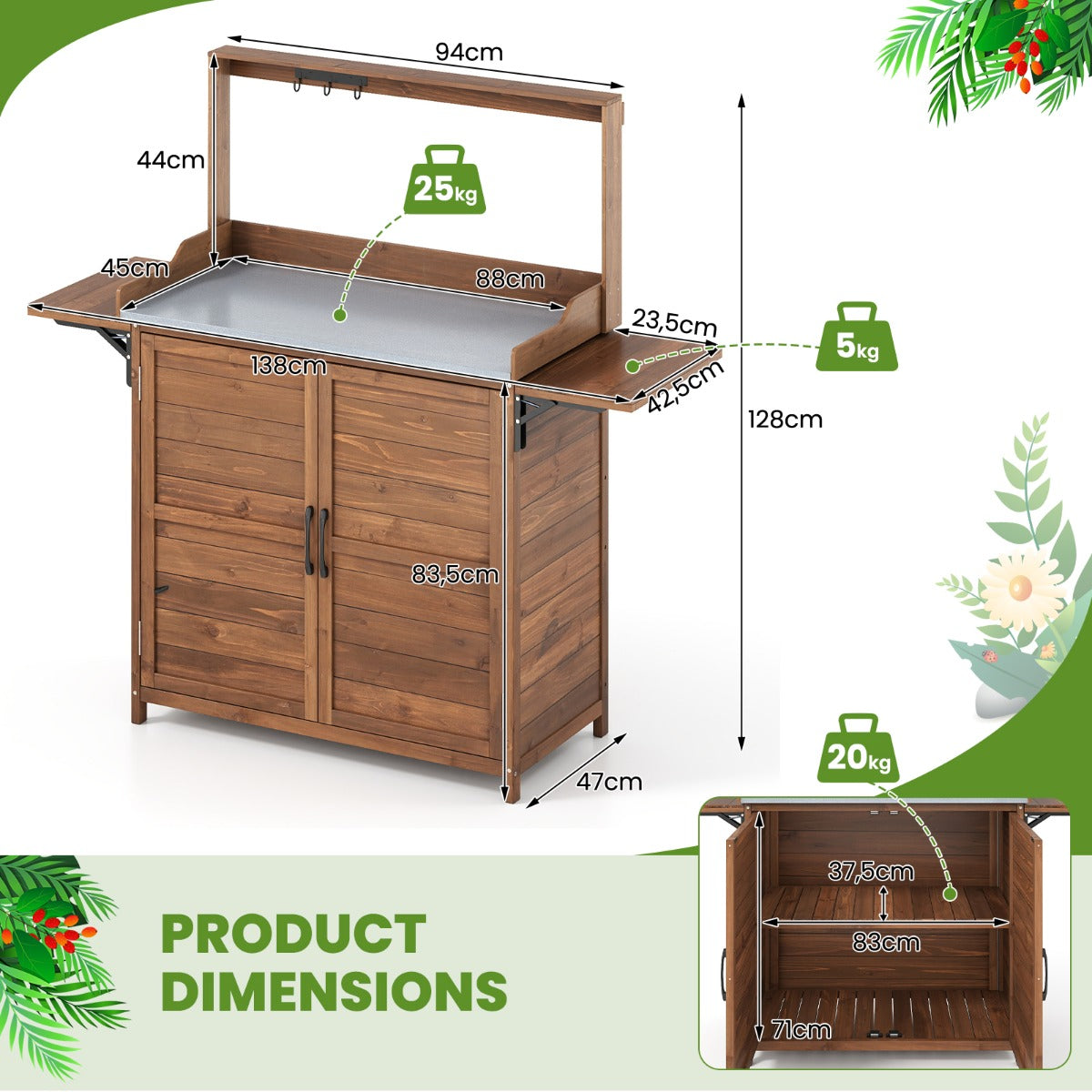 Livsk costway 138x47x128cm houten plantenbank tuintafel met gegalvaniseerd werkblad en onderkast tuinbouwwerkbank 2