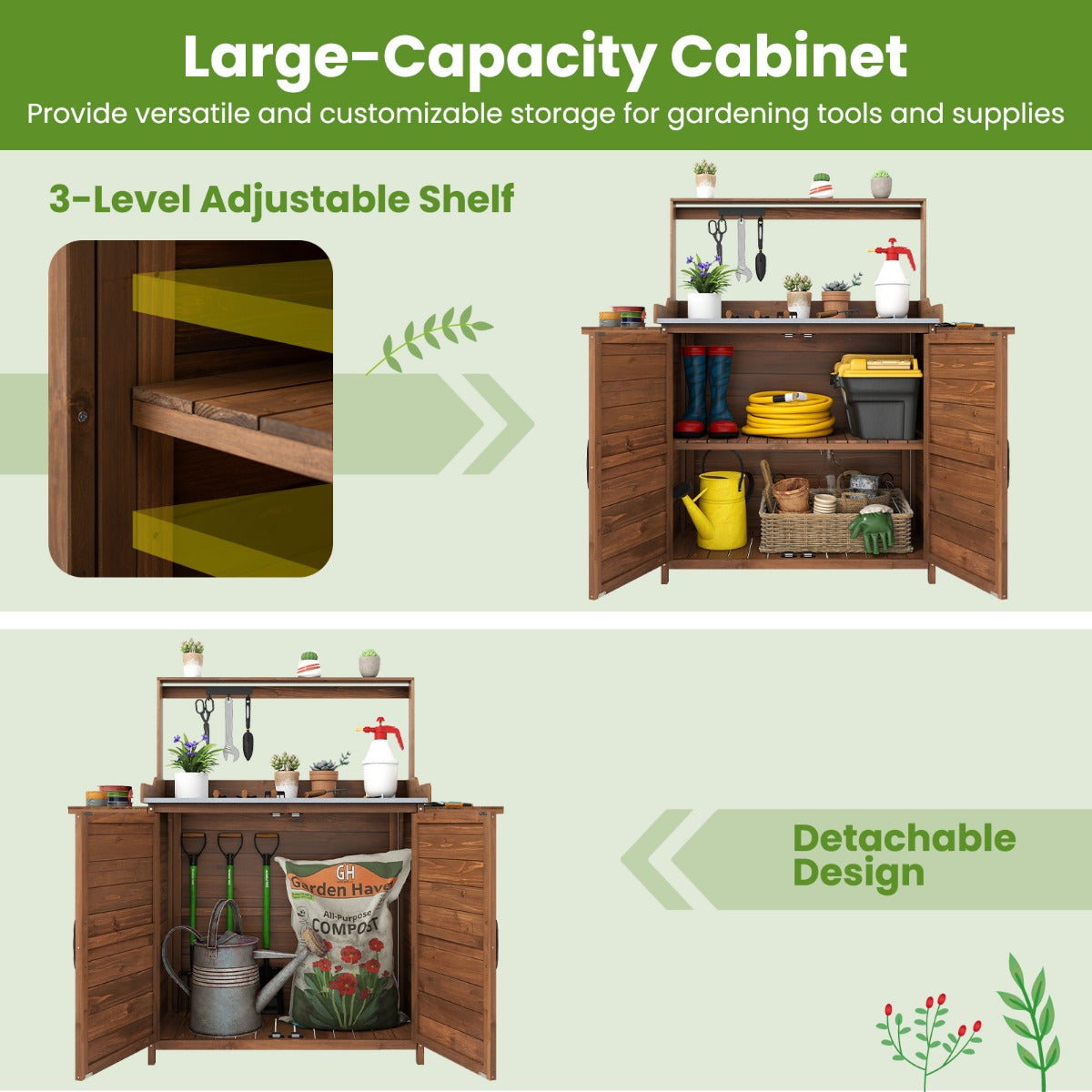 Livsk costway 138x47x128cm houten plantenbank tuintafel met gegalvaniseerd werkblad en onderkast tuinbouwwerkbank 3