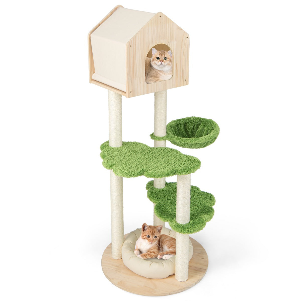 LIVSK Kattentoren voor Binnenkatten - Meerdere Niveaus - Hangmat en Platforms - Stabiele Grenenhouten Basis - Groen + Beige