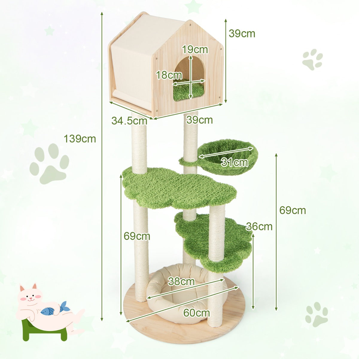 LIVSK Kattentoren voor Binnenkatten - Meerdere Niveaus - Hangmat en Platforms - Stabiele Grenenhouten Basis - Groen + Beige