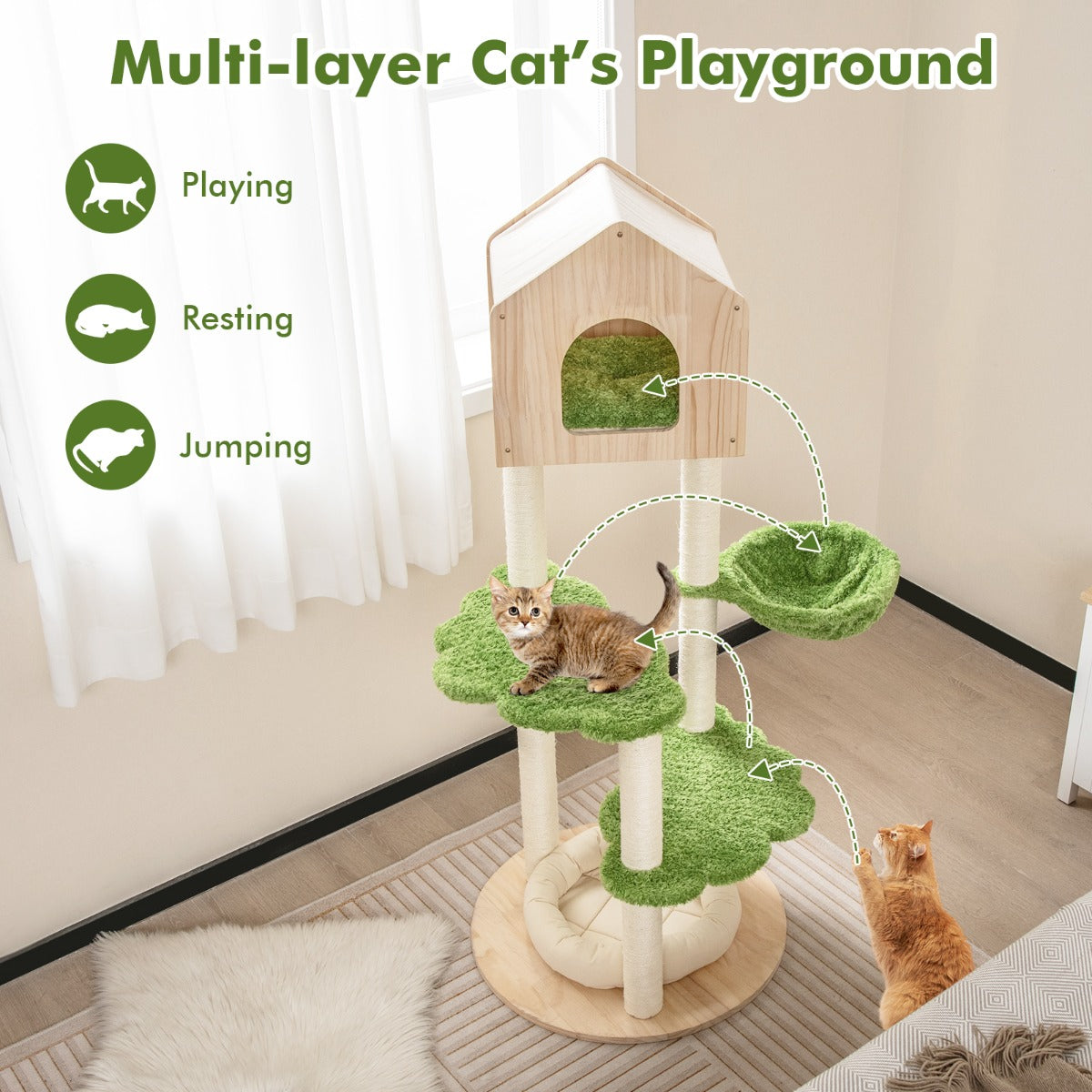 LIVSK Kattentoren voor Binnenkatten - Meerdere Niveaus - Hangmat en Platforms - Stabiele Grenenhouten Basis - Groen + Beige