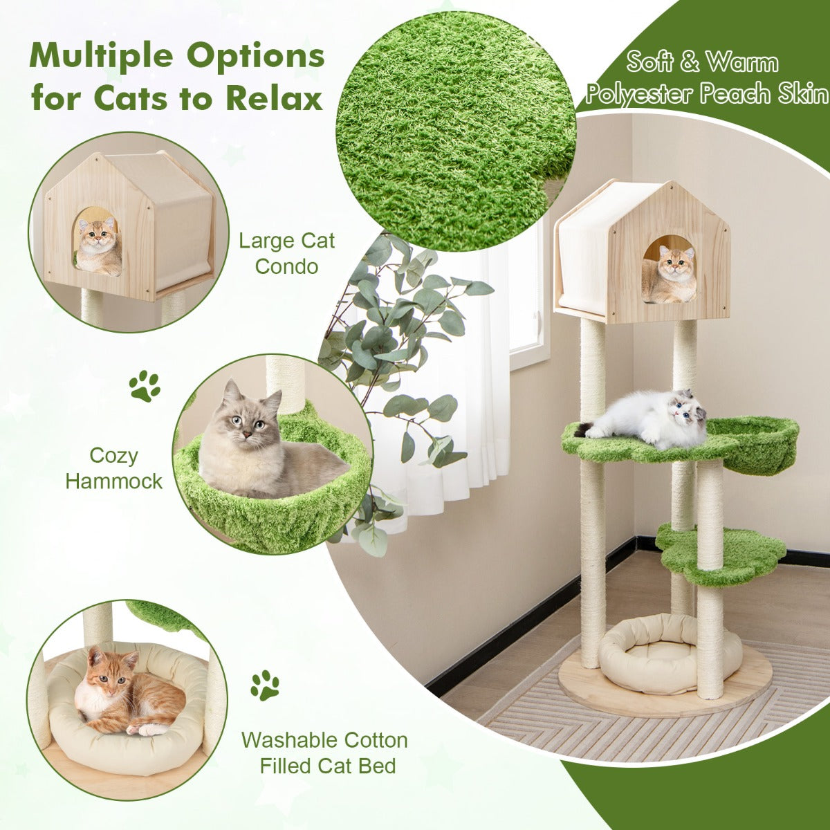 LIVSK Kattentoren voor Binnenkatten - Meerdere Niveaus - Hangmat en Platforms - Stabiele Grenenhouten Basis - Groen + Beige