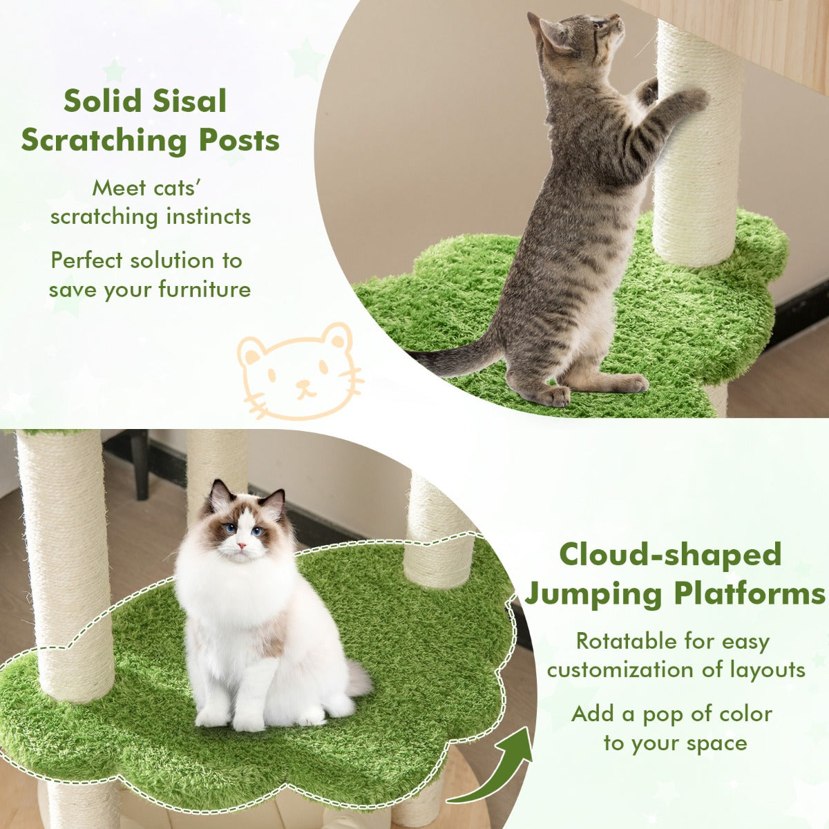 LIVSK Kattentoren voor Binnenkatten - Meerdere Niveaus - Hangmat en Platforms - Stabiele Grenenhouten Basis - Groen + Beige