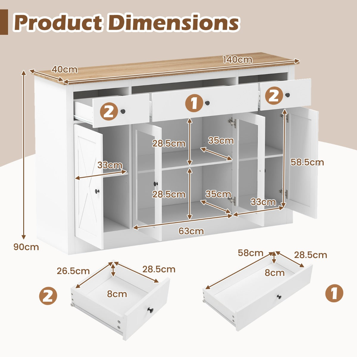 Livsk costway 140 cm buffetkast houten dressoir keukenkast met 3 lades 2 glazen deuren en verstelbare planken moderne houten kast wit 1 1