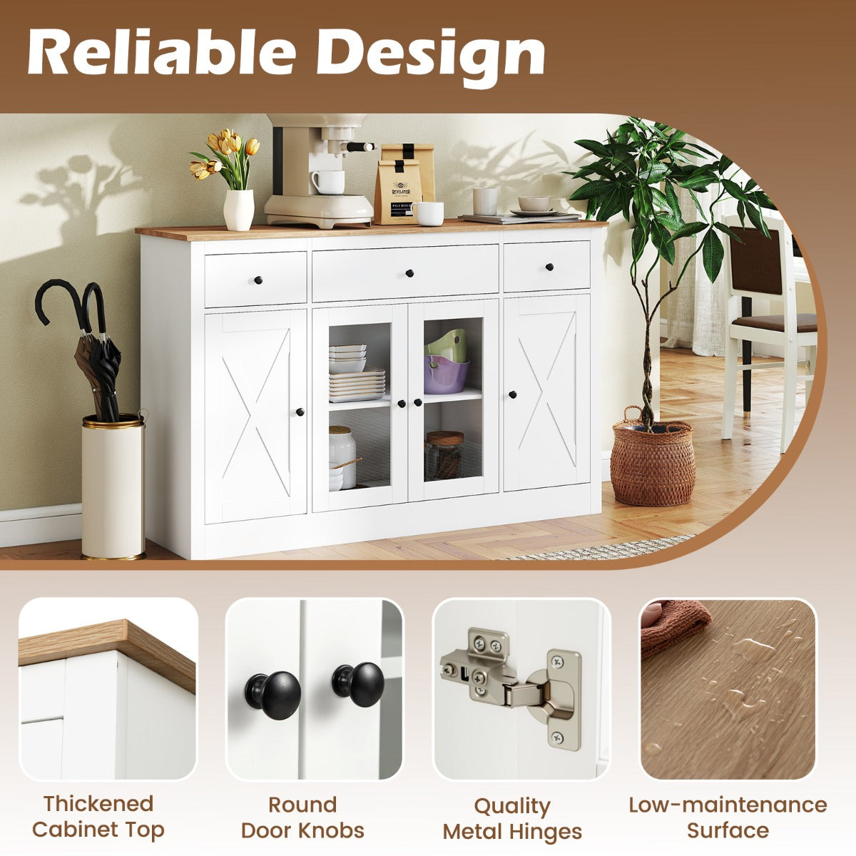 Livsk costway 140 cm buffetkast houten dressoir keukenkast met 3 lades 2 glazen deuren en verstelbare planken moderne houten kast wit 2