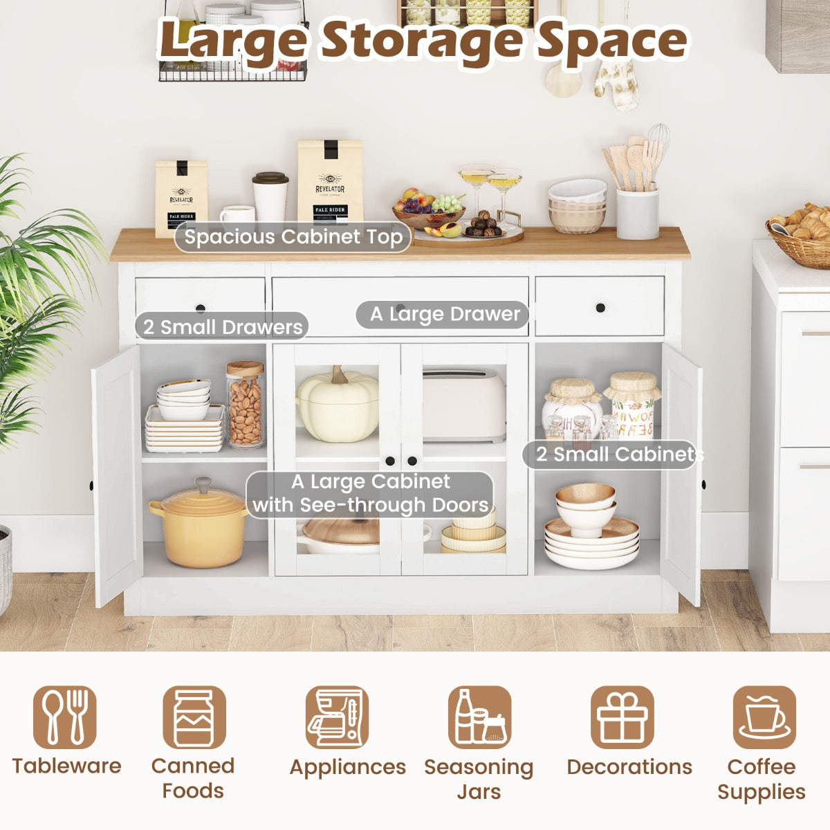 Livsk costway 140 cm buffetkast houten dressoir keukenkast met 3 lades 2 glazen deuren en verstelbare planken moderne houten kast wit 3