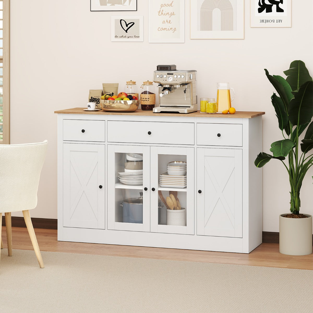 Livsk costway 140 cm buffetkast houten dressoir keukenkast met 3 lades 2 glazen deuren en verstelbare planken moderne houten kast wit 6