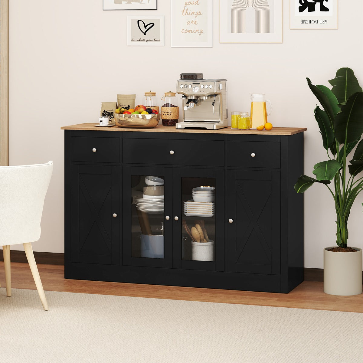 Livsk costway 140 cm buffetkast houten dressoir keukenkast met 3 lades 2 glazen deuren en verstelbare planken moderne houten kast zwart 6