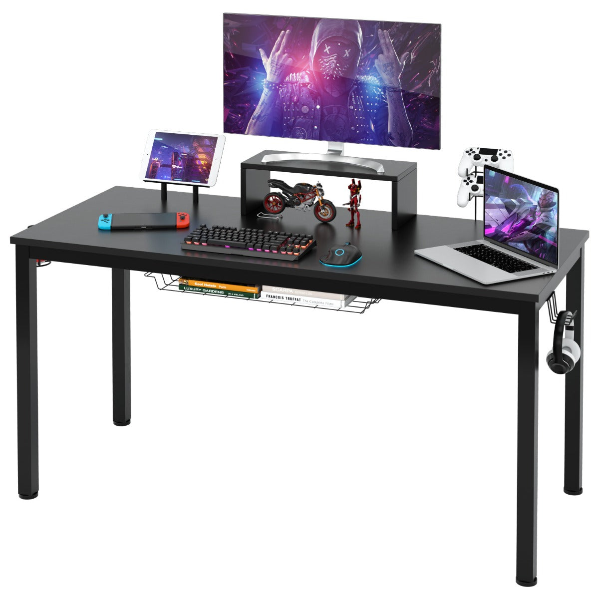 LIVSK Professioneel Gamebureau - Ergonomische Monitorplank - Bekerhouder - Hoofdtelefoonhaak - Opbergmand - 155 x 60 x 94 cm -