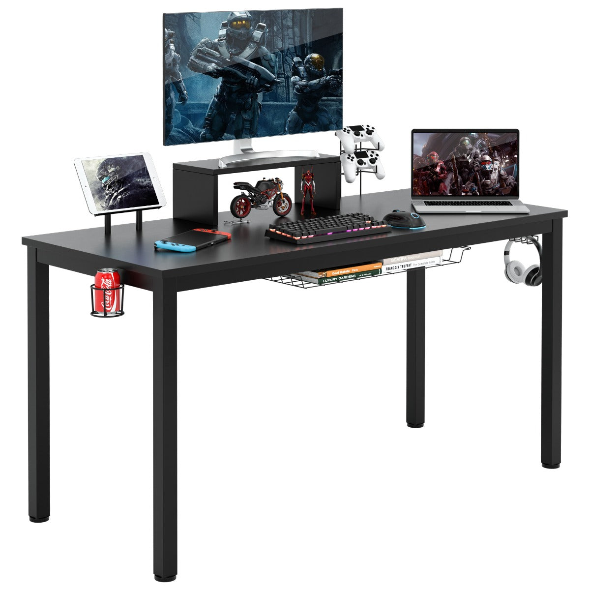 LIVSK Professioneel Gamebureau - Ergonomische Monitorplank - Bekerhouder - Hoofdtelefoonhaak - Opbergmand - 155 x 60 x 94 cm -