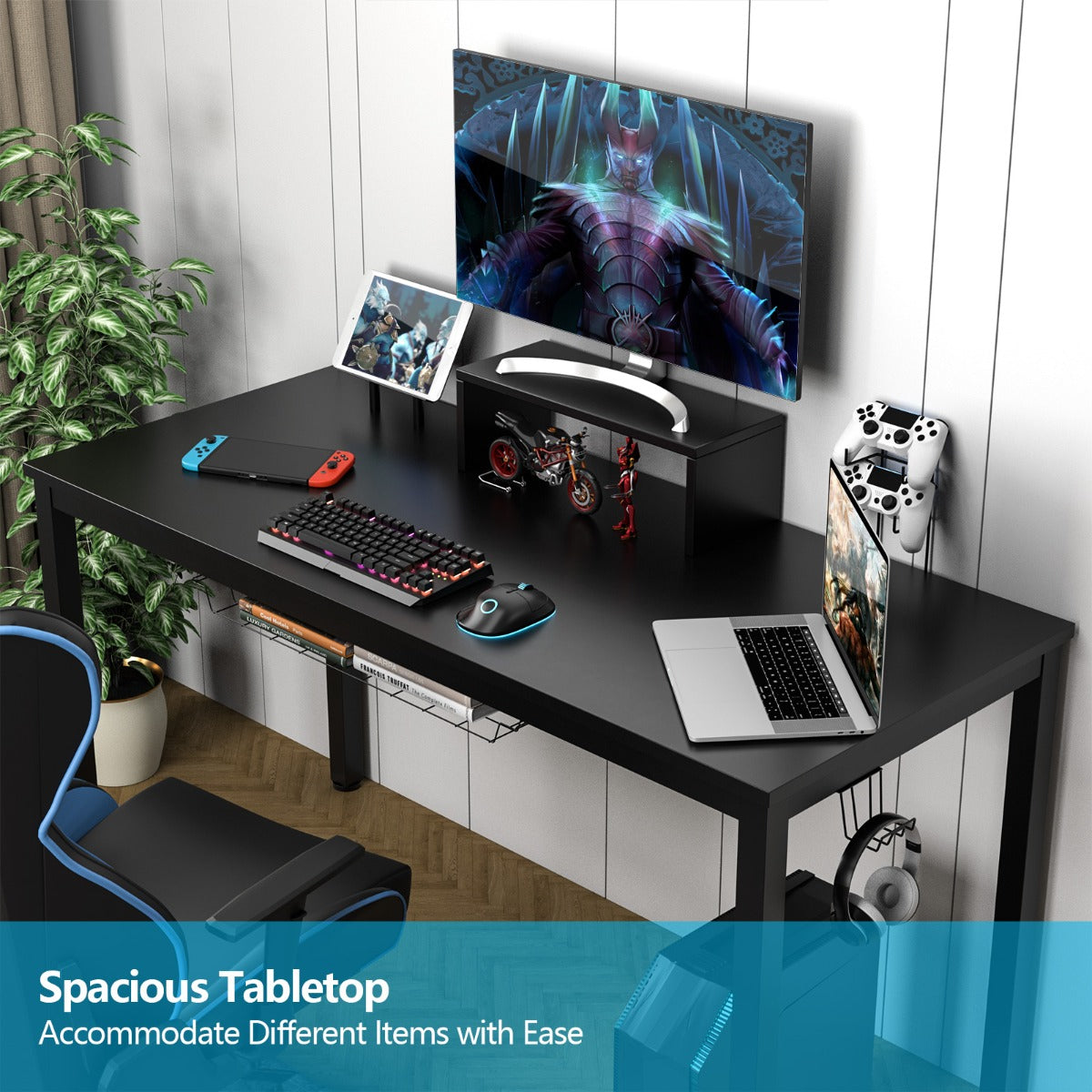 LIVSK Professioneel Gamebureau - Ergonomische Monitorplank - Bekerhouder - Hoofdtelefoonhaak - Opbergmand - 155 x 60 x 94 cm -