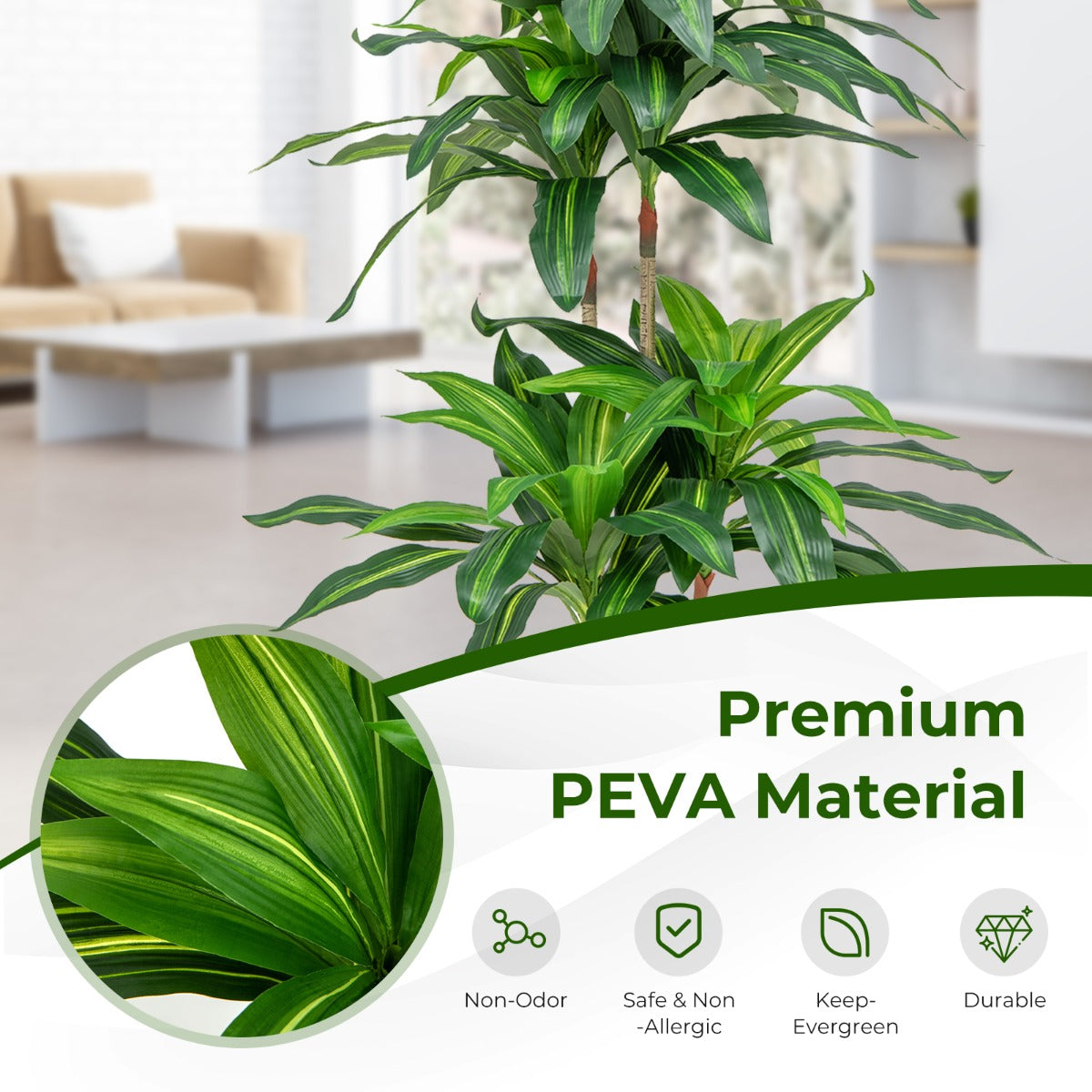 LIVSK Kunstdracaena Boom 140 cm - 92 Groene Bladeren - Onderhoudsvrij - Duurzaam PEVA - Stevige Cementpot - Groen