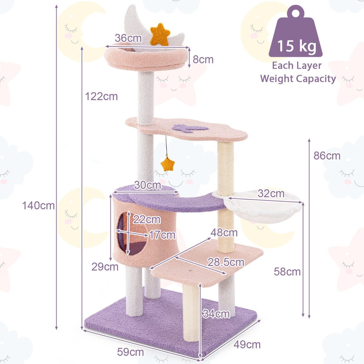 LIVSK Kattentoren met Hangmat en Krabpaal - Pluchen Zitstok en Wolkenplatforms - Stabiele Constructie - Tot 15 kg - Paarsachtig