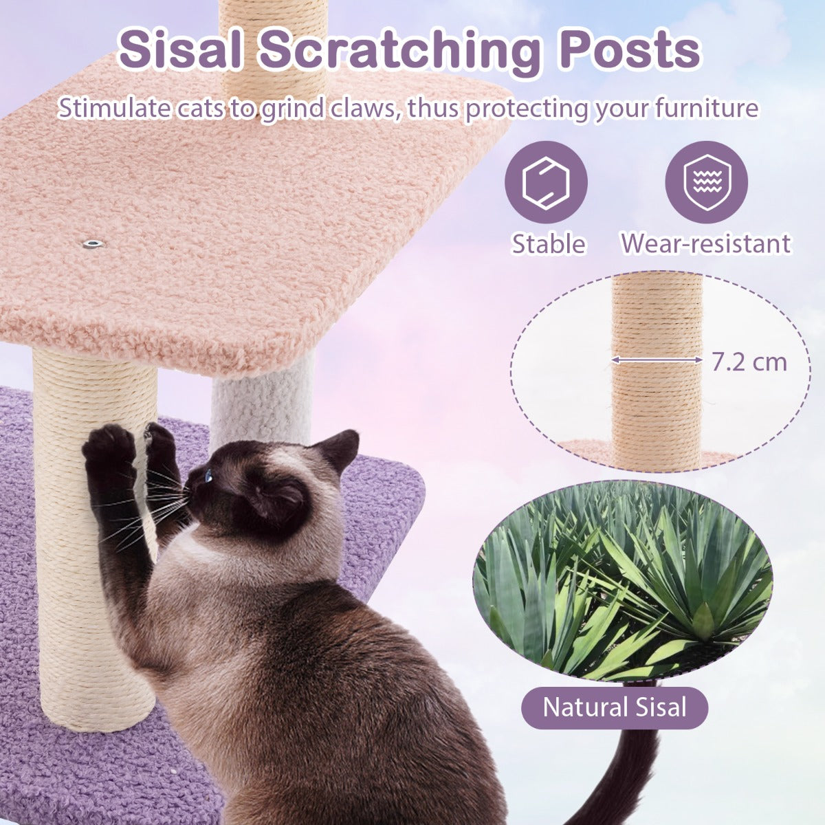 LIVSK Kattentoren met Hangmat en Krabpaal - Pluchen Zitstok en Wolkenplatforms - Stabiele Constructie - Tot 15 kg - Paarsachtig