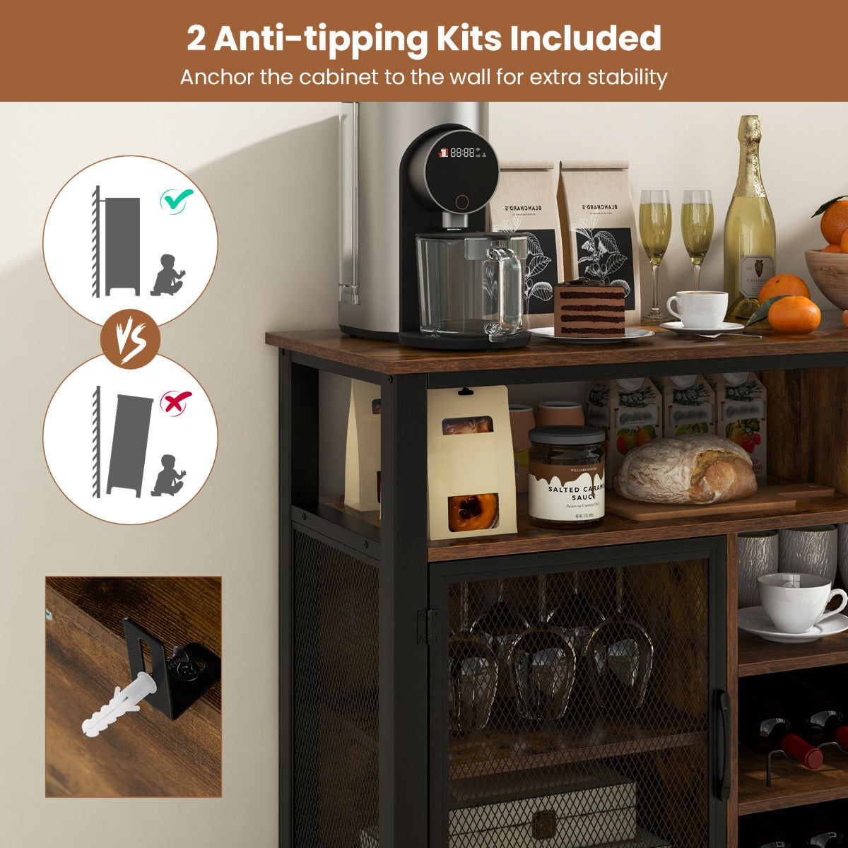 LIVSK Wijnbarmeubel met Gaasdeuren - Voor 8 Flessen en 6 Rijen Glazen Houders - Stevig Metalen Frame - Tot 60 inch TV - Rustiek