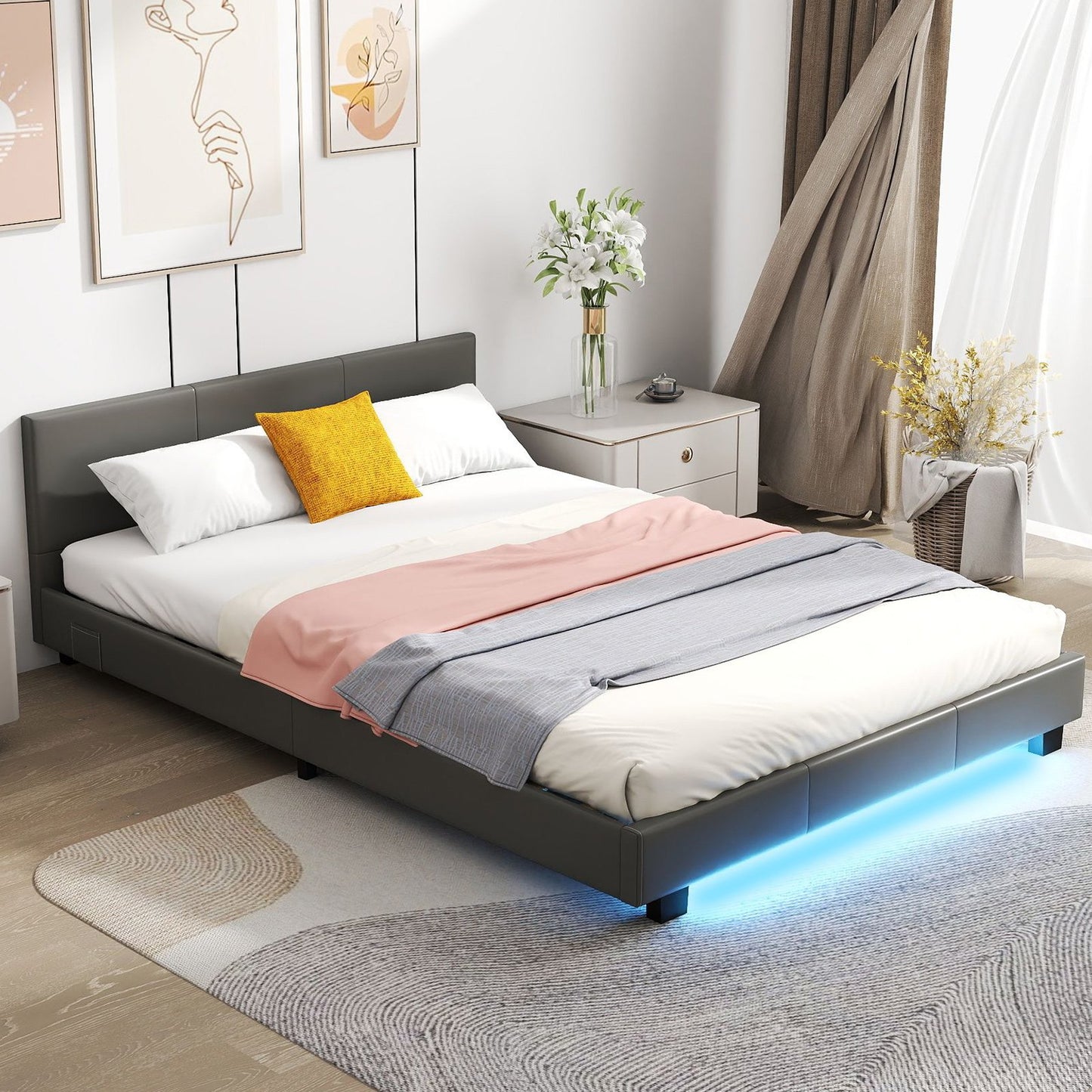 LIVSK Tweepersoonsbedframe met LED Verlichting - Kunstleer Bekleding - Stevige Lattenbodem - 5 Metalen Poten - Grijs - 140 x 200