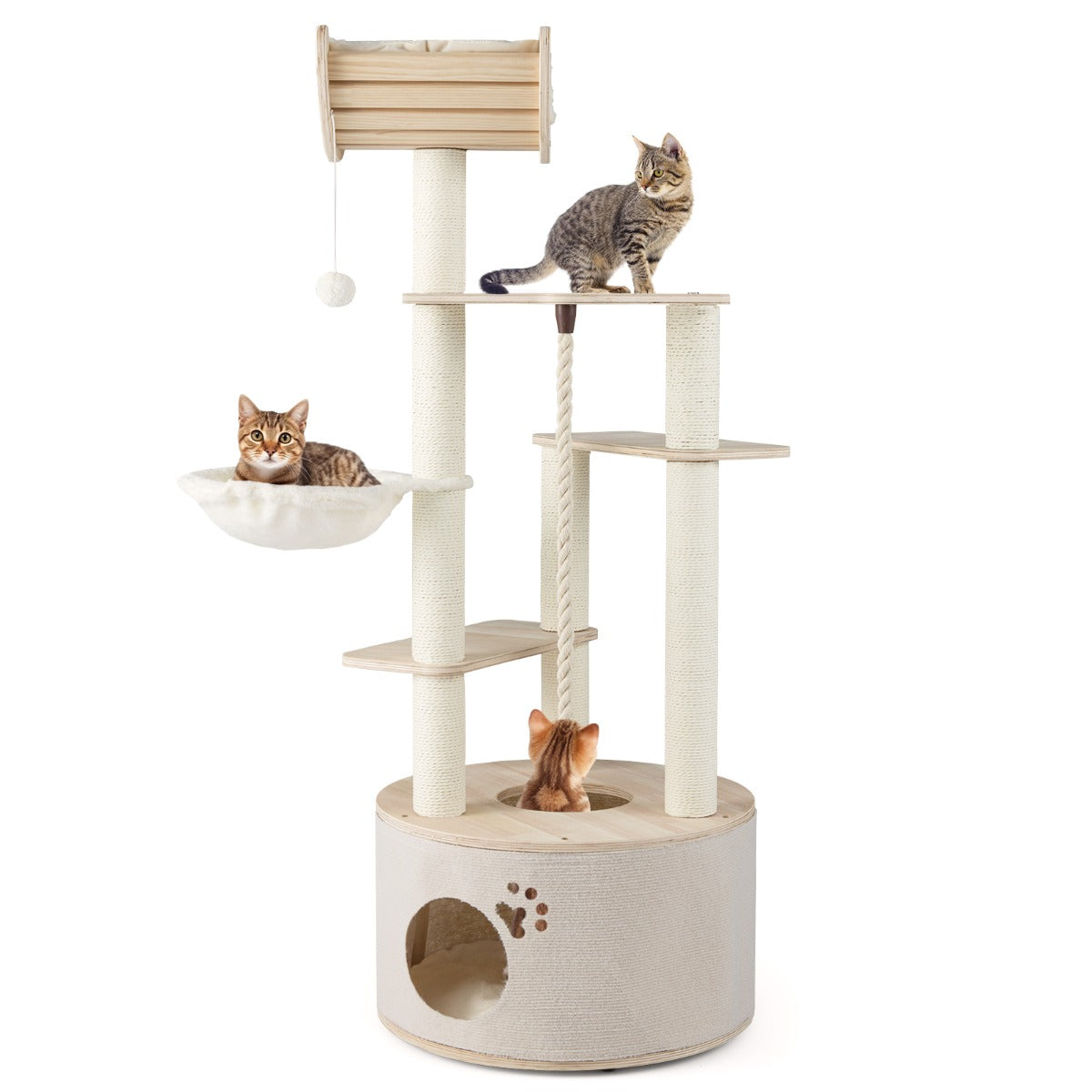 Livsk costway 141 cm hoge krabpaal met meerdere niveaus klimtoren van hout met kattenhol gebogen uitkijkplatform en hangmat