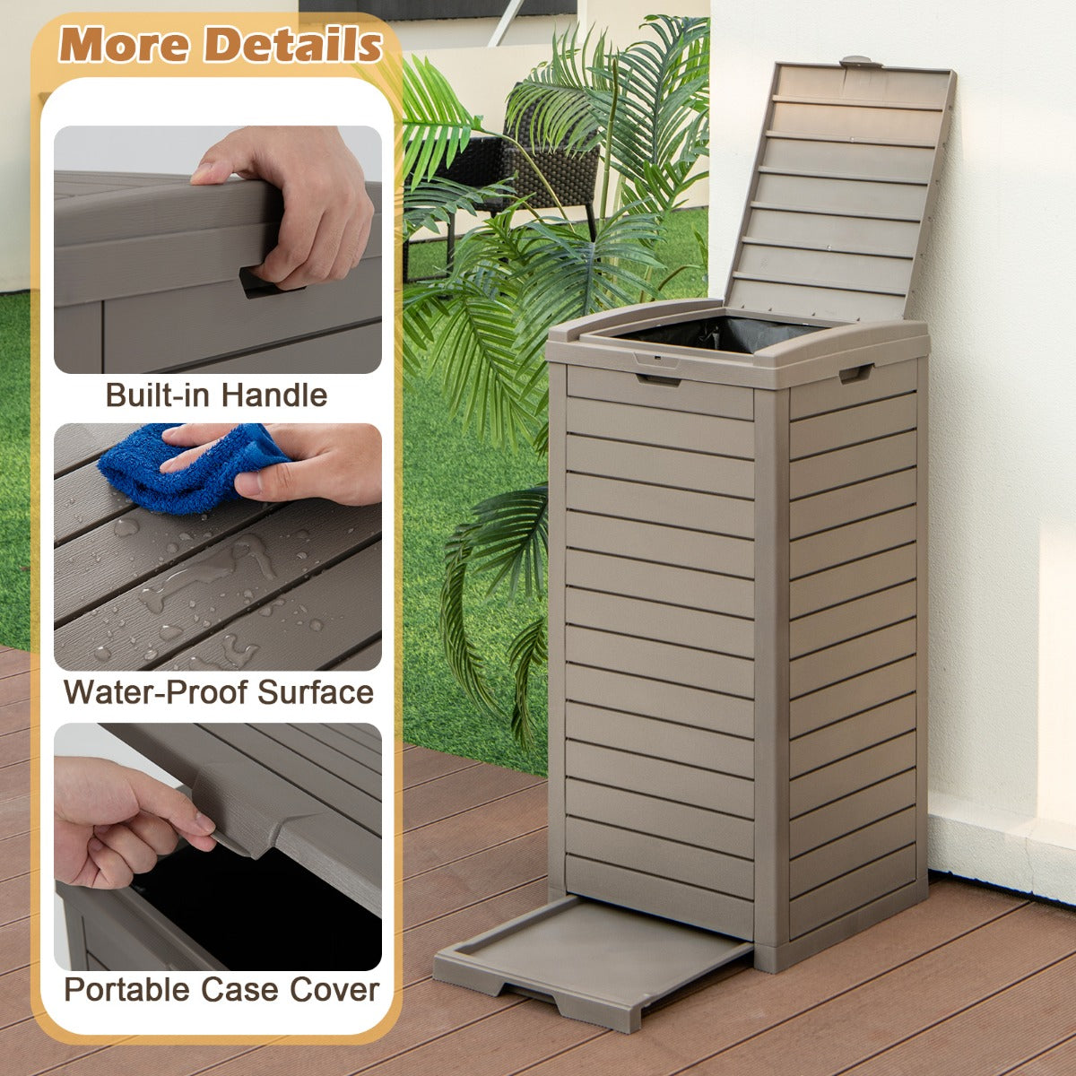 LIVSK Vuilnisemmer met Vloeistofhouder - Duurzaam Harsmateriaal - Dubbele Deksel - Uittrekbare Vloeistofschaal - 141L - Lichtbruin