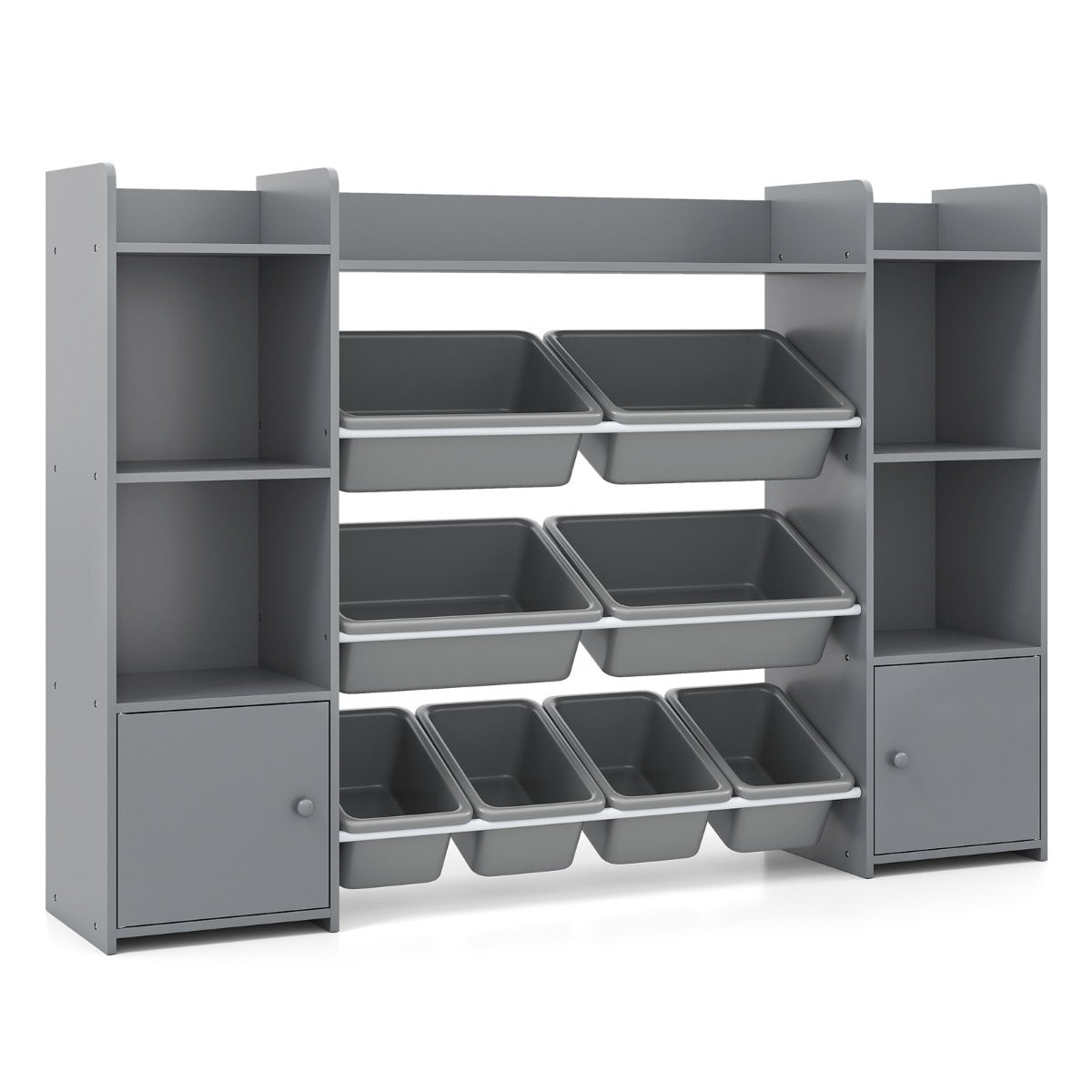 Livsk costway 142 cm hoge speelgoedkast met 4 lagen kinderrek met 8 verwijderbare bakken en boekenplank grijs 1 1