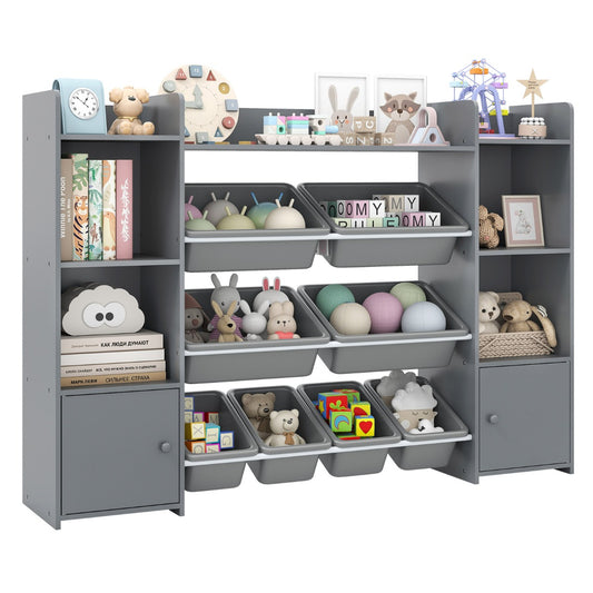 Livsk costway 142 cm hoge speelgoedkast met 4 lagen kinderrek met 8 verwijderbare bakken en boekenplank grijs