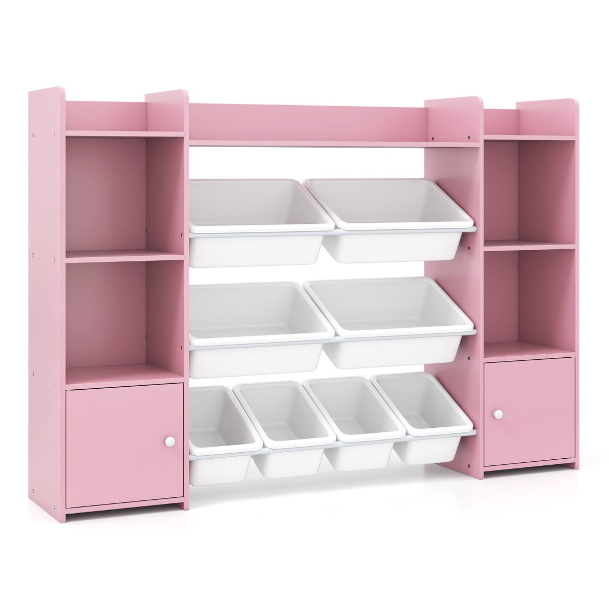 Livsk costway 142 cm hoge speelgoedkast met 4 lagen kinderrek met 8 verwijderbare bakken en boekenplank roze 1 1