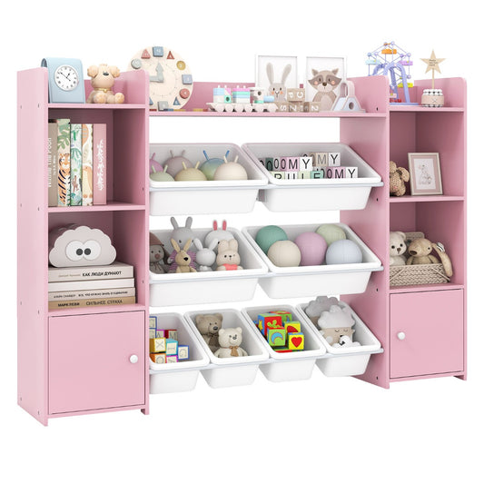 Livsk costway 142 cm hoge speelgoedkast met 4 lagen kinderrek met 8 verwijderbare bakken en boekenplank roze