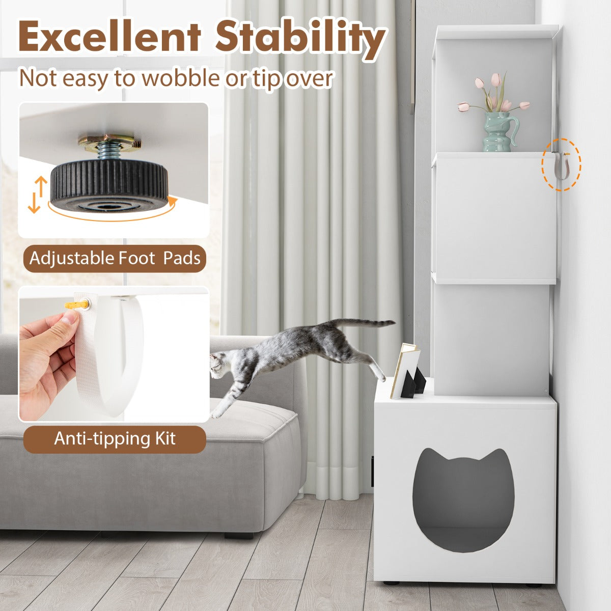 LIVSK Kattenbakkast met 3 Schappen - Geventileerd - Praktische Opbergruimte - Stabiele Constructie - Rustiek bruin/Wit
