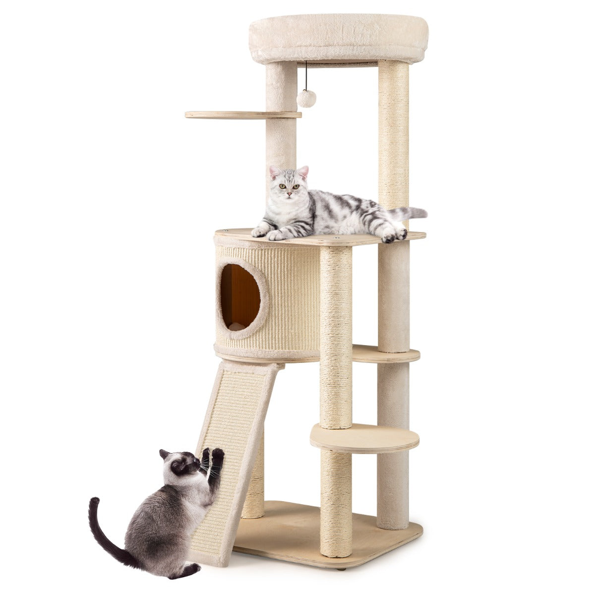 LIVSK Houten Krabpaal voor Katten - 6 Niveaus - Interactieve Speelfuncties - Stabiel Multiplex Frame - Gemakkelijk Schoon te