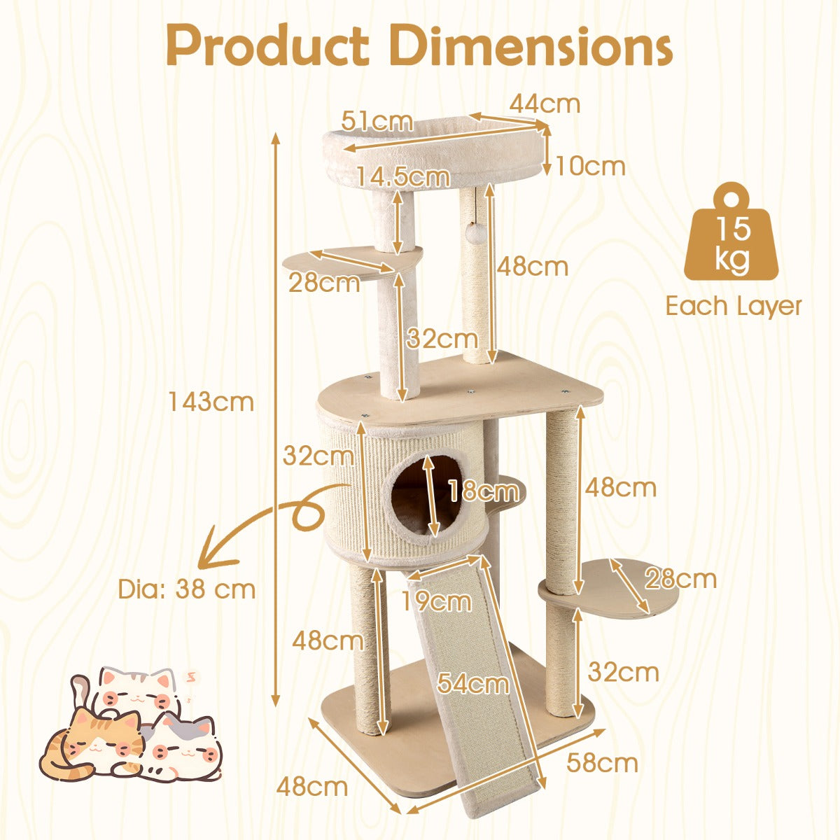 LIVSK Houten Krabpaal voor Katten - 6 Niveaus - Interactieve Speelfuncties - Stabiel Multiplex Frame - Gemakkelijk Schoon te