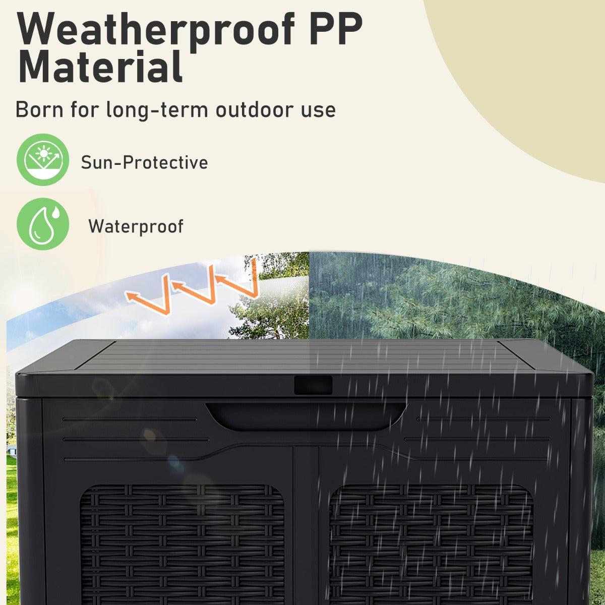 LIVSK Opbergdoos - 145 L Capaciteit - Weerbestendig PP - Rattanpatroon - Multifunctioneel als Bijzettafel - Bruin/Zwart