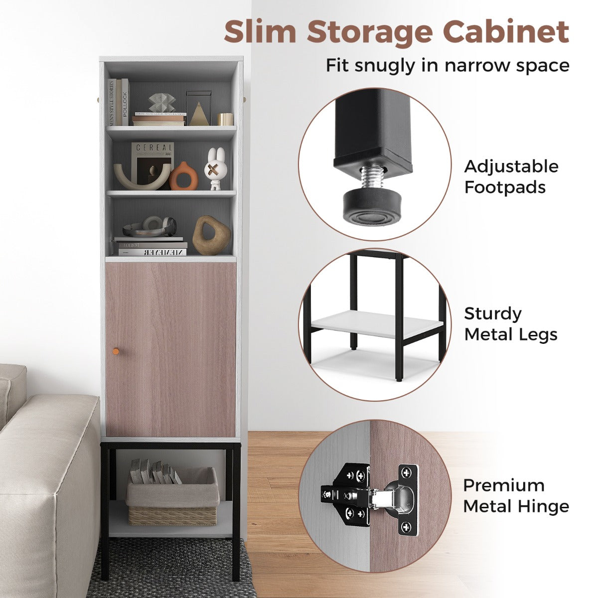 LIVSK Opbergkast - Verstelbare Planken - Slank Ontwerp met Deur - Maximaal 75 kg - 38 x 30 x 146 cm - Wit